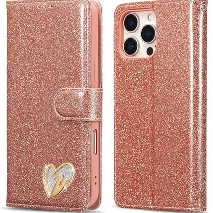 iPhone 16 Pro Shiny Wallet Case with Heart Design | Luxury Flip Cover with Card Holder + Free 6D Tempered Glass