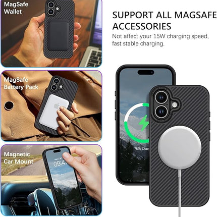 iPhone 16 CarbonDefender Case – Carbon Fiber Shockproof Armor Cover + FREE 6D Tempered Glass Screen Protector