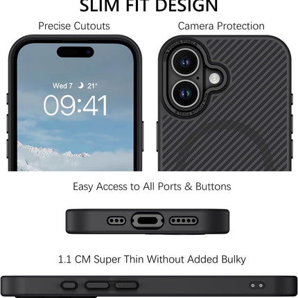 iPhone 16 CarbonDefender Case – Carbon Fiber Shockproof Armor Cover + FREE 6D Tempered Glass Screen Protector