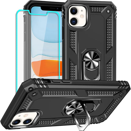 iPhone 11 Military Grade Case with Ring Kickstand – Heavy Duty Shockproof Armour Dual Layer TPU PC Cover | 360° Rotating Magnetic Ring Stand | Drop Tested MIL-STD-810G Protection + FREE 6D Tempered Glass Screen Protector