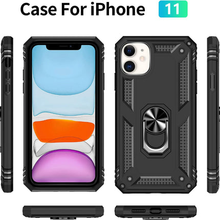 iPhone 11 Military Grade Case with Ring Kickstand – Heavy Duty Shockproof Armour Dual Layer TPU PC Cover | 360° Rotating Magnetic Ring Stand | Drop Tested MIL-STD-810G Protection + FREE 6D Tempered Glass Screen Protector