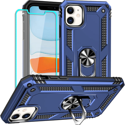 iPhone 11 Military Grade Case with Ring Kickstand – Heavy Duty Shockproof Armour Dual Layer TPU PC Cover | 360° Rotating Magnetic Ring Stand | Drop Tested MIL-STD-810G Protection + FREE 6D Tempered Glass Screen Protector