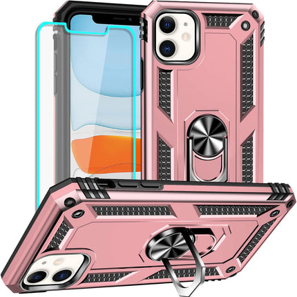 iPhone 11 Military Grade Case with Ring Kickstand – Heavy Duty Shockproof Armour Dual Layer TPU PC Cover | 360° Rotating Magnetic Ring Stand | Drop Tested MIL-STD-810G Protection + FREE 6D Tempered Glass Screen Protector