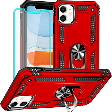 iPhone 11 Military Grade Case with Ring Kickstand – Heavy Duty Shockproof Armour Dual Layer TPU PC Cover | 360° Rotating Magnetic Ring Stand | Drop Tested MIL-STD-810G Protection + FREE 6D Tempered Glass Screen Protector