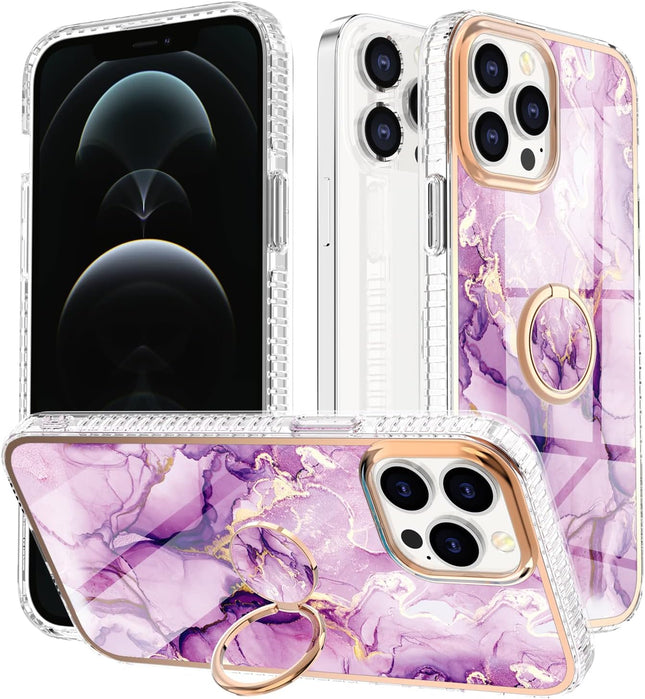 iPhone 13 Pro Max TPU Marble Design Ring Case + Free 6D Tempered Glass Screen Protector | Shockproof Kickstand Protective Cover
