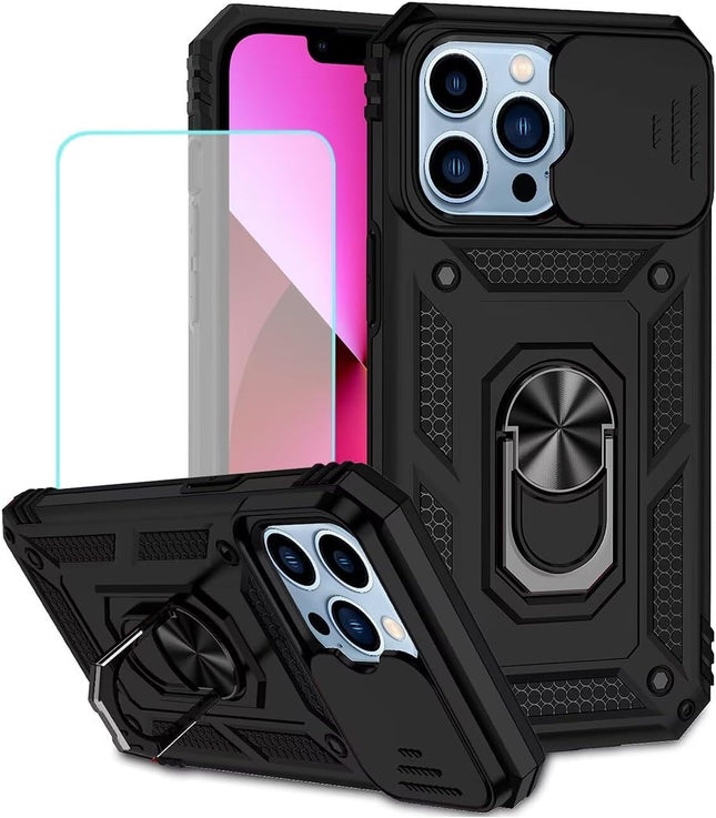 iPhone 13 Pro Max Slide Camera Case with Ring Stand Military Grade Rugged Cover + Free 6D Tempered Glass Screen Protector | Heavy Duty Shockproof Protection