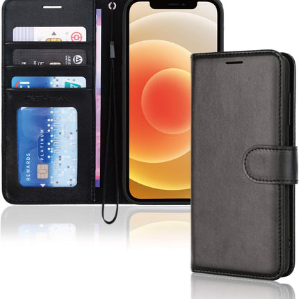 iPhone 12 / 12 Pro Leather Wallet Case with Card Holder Stand + 360° Rotating Belt Clip Holster + FREE 6D Tempered Glass Screen Protector
