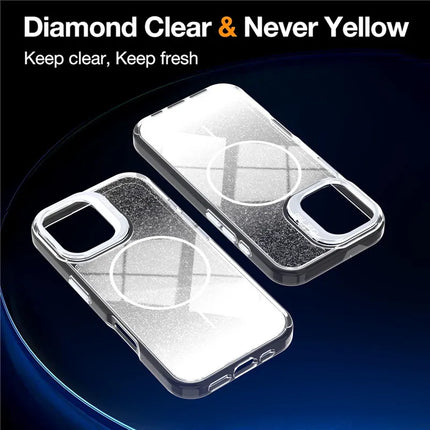 iPhone 12 / 12 Pro SleekShine Elite Clear MagSafe Case – Anti-Yellow Glitter Shockproof Cover with Card Holder Kickstand + FREE 6D Tempered Glass