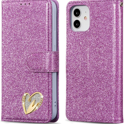 iPhone 12 / 12 Pro Shiny Heart Wallet Case (MagSafe) – Clear Glitter Shockproof Cover + Card Holder Kickstand + FREE 6D Tempered Glass
