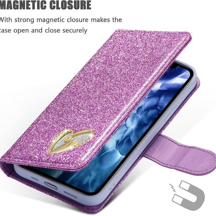 iPhone 12 / 12 Pro Shiny Heart Wallet Case (MagSafe) – Clear Glitter Shockproof Cover + Card Holder Kickstand + FREE 6D Tempered Glass