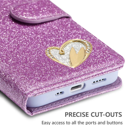 iPhone 12 / 12 Pro Shiny Heart Wallet Case (MagSafe) – Clear Glitter Shockproof Cover + Card Holder Kickstand + FREE 6D Tempered Glass