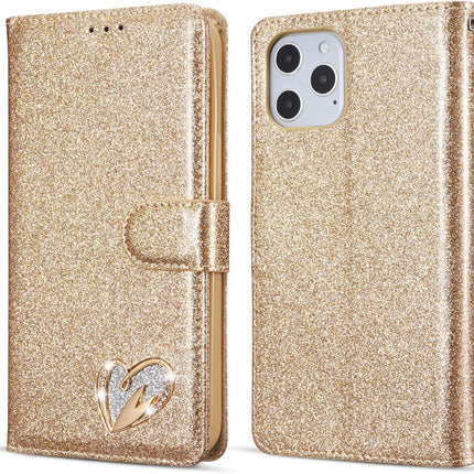 iPhone 12 / 12 Pro Shiny Heart Wallet Case (MagSafe) – Clear Glitter Shockproof Cover + Card Holder Kickstand + FREE 6D Tempered Glass