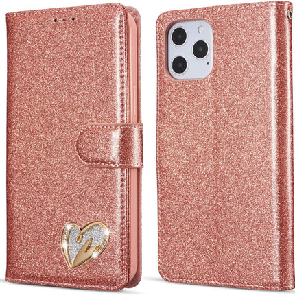 iPhone 12 / 12 Pro Shiny Heart Wallet Case (MagSafe) – Clear Glitter Shockproof Cover + Card Holder Kickstand + FREE 6D Tempered Glass